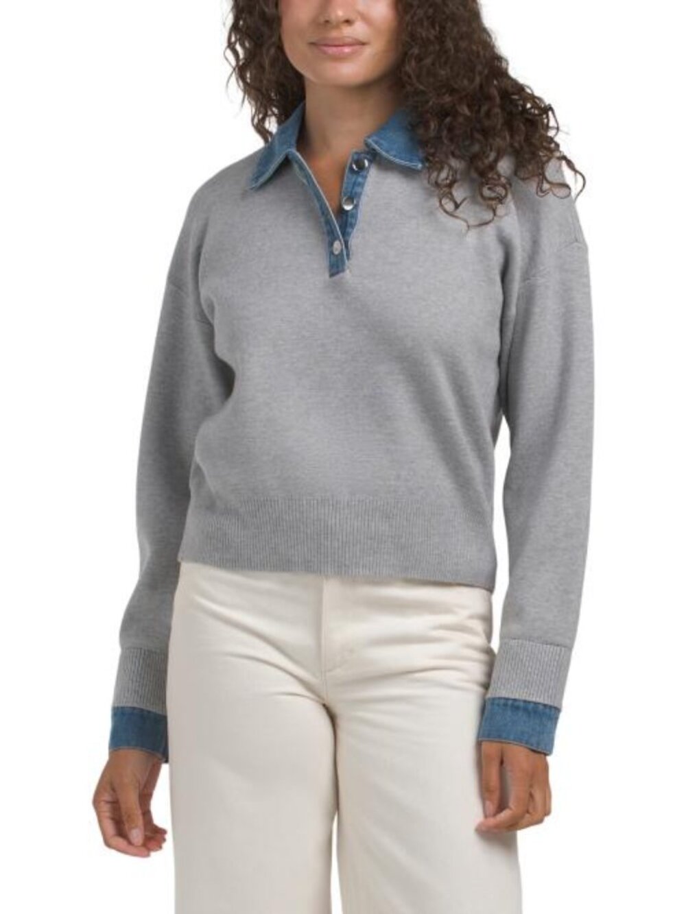 MARLED Henley Sweater With Denim Collar